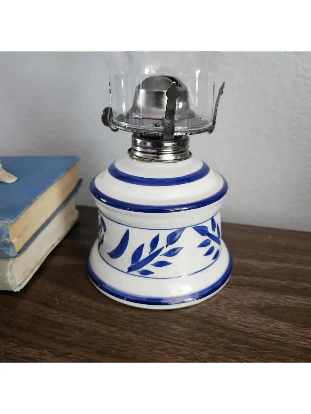 Vintage Lamplight Farms Blue & Gray Stoneware Kerosene Oil Lamp